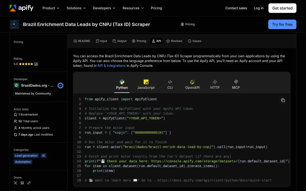 Aba API da ferramenta na Apify, com exemplo de código pronto em Python e opções para JavaScript, CLI, OpenAPI, HTTP e MCP