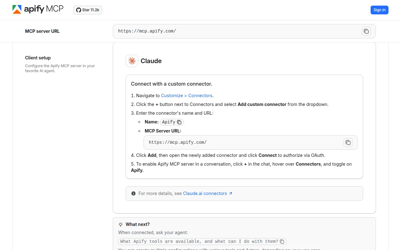 Passo a passo da Apify para conectar o Claude: Customize, Connectors, Add custom connector, nome Apify e endereço do servidor MCP