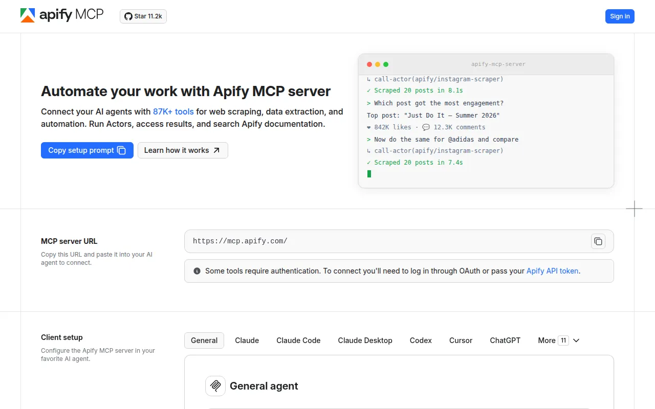Página do servidor MCP da Apify, com o endereço https://mcp.apify.com/ para copiar e as opções de configuração para Claude, ChatGPT, Cursor e outros